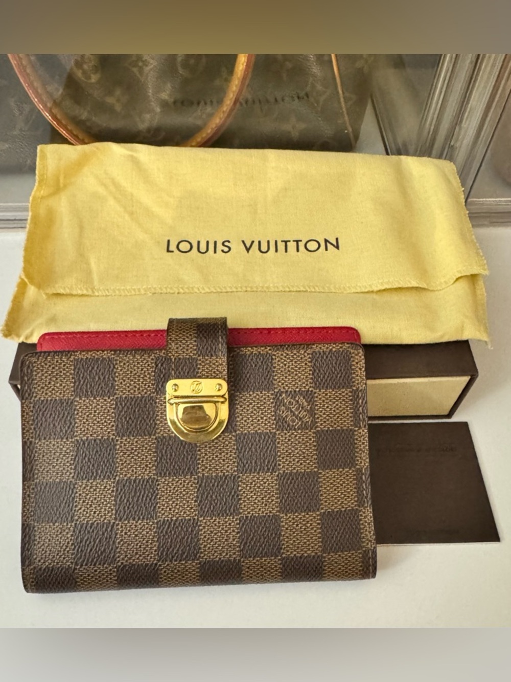 Louis Vuitton Brown Damier Check Wallet with Red Trim